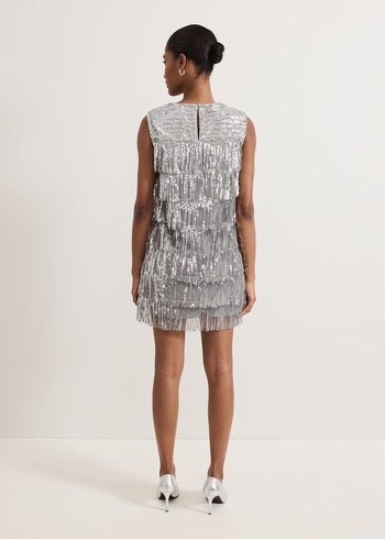 Phase Eight Lula Fringe Sequin Dress Silver USA | 2796518-JZ